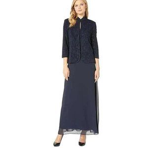 Alex Evenings Size 8 Navy Blue Mandarin Collar Jacket MOB Maxi Dress